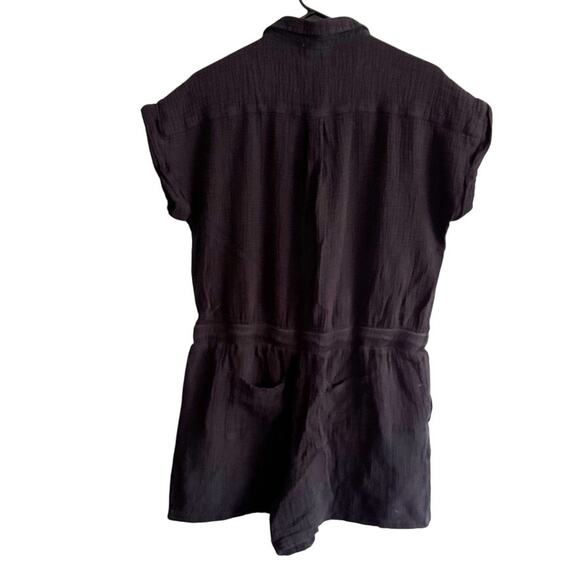 Beach Lunch Lounge Sz L Black Cotton Gauze Romper Drawstring Buttons Pockets - Picture 2 of 13